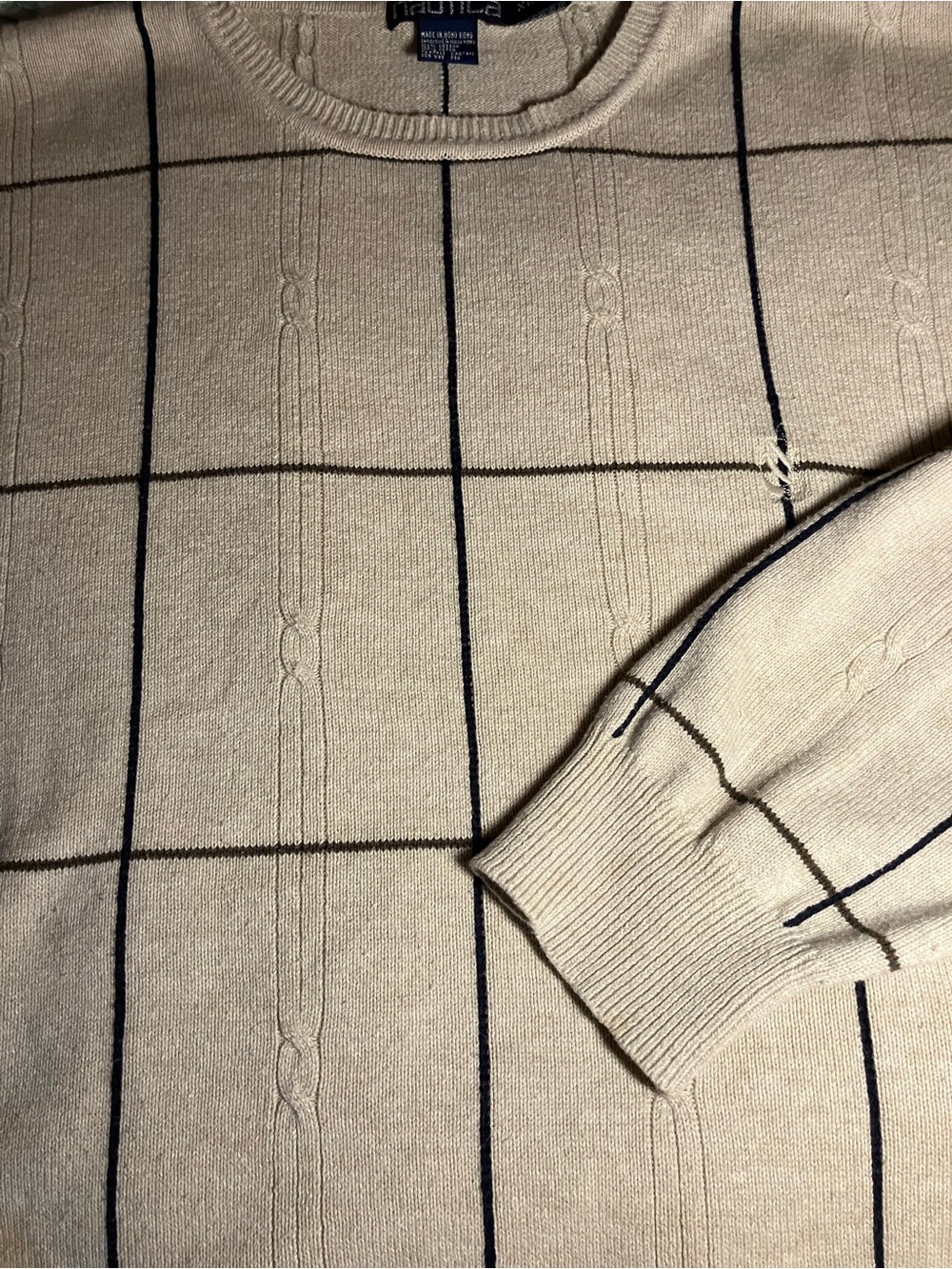 Nautica Cream Crewneck Sweater with Black Windowpane Grid